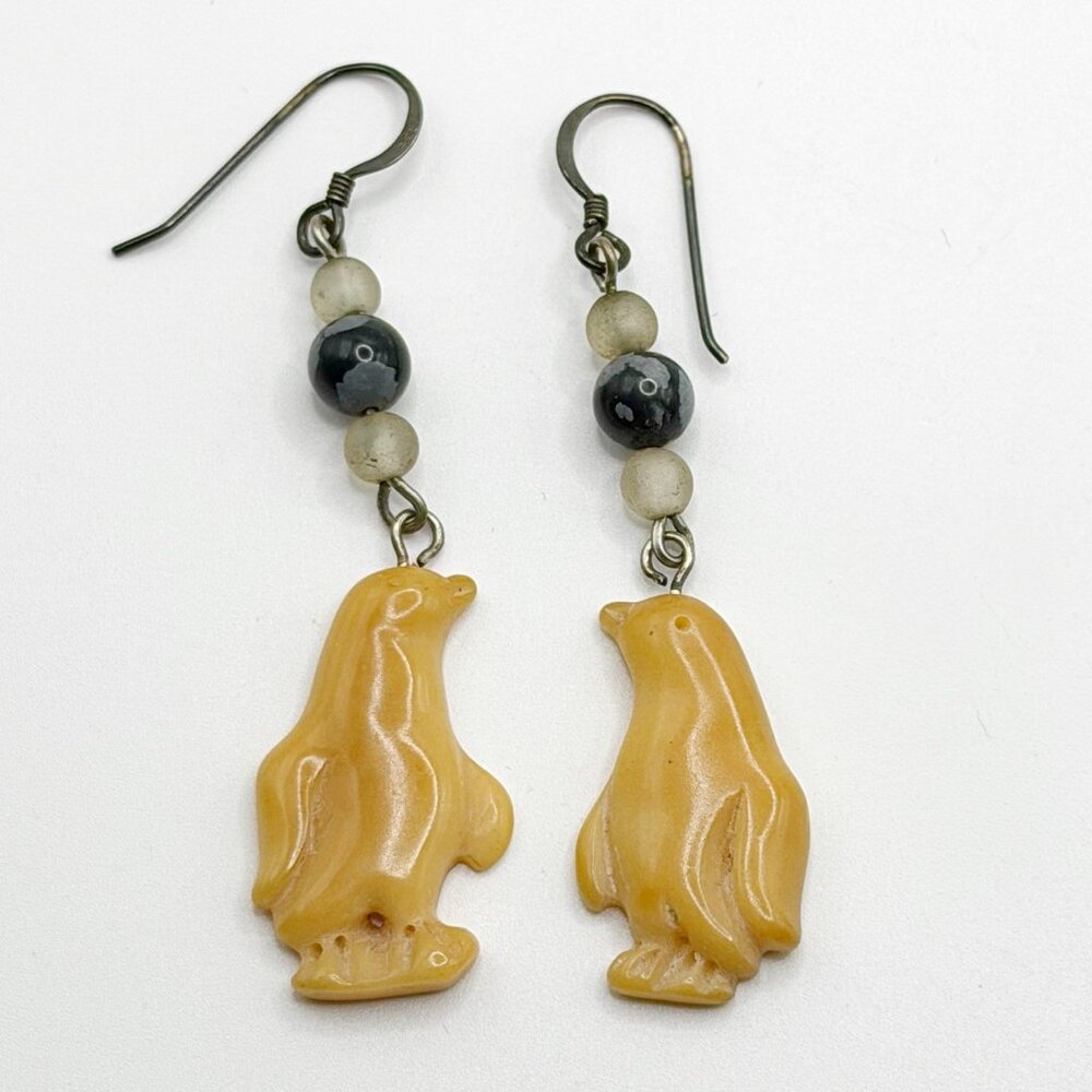 Tagua Nut Sterling Penguin Pierced‎ Earrings
